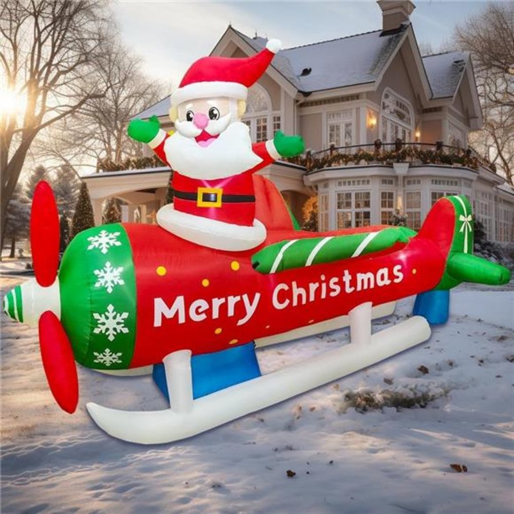 9FT Christmas Inflatables Outdoor Decor Santa Claus on Airplane with  Light Up